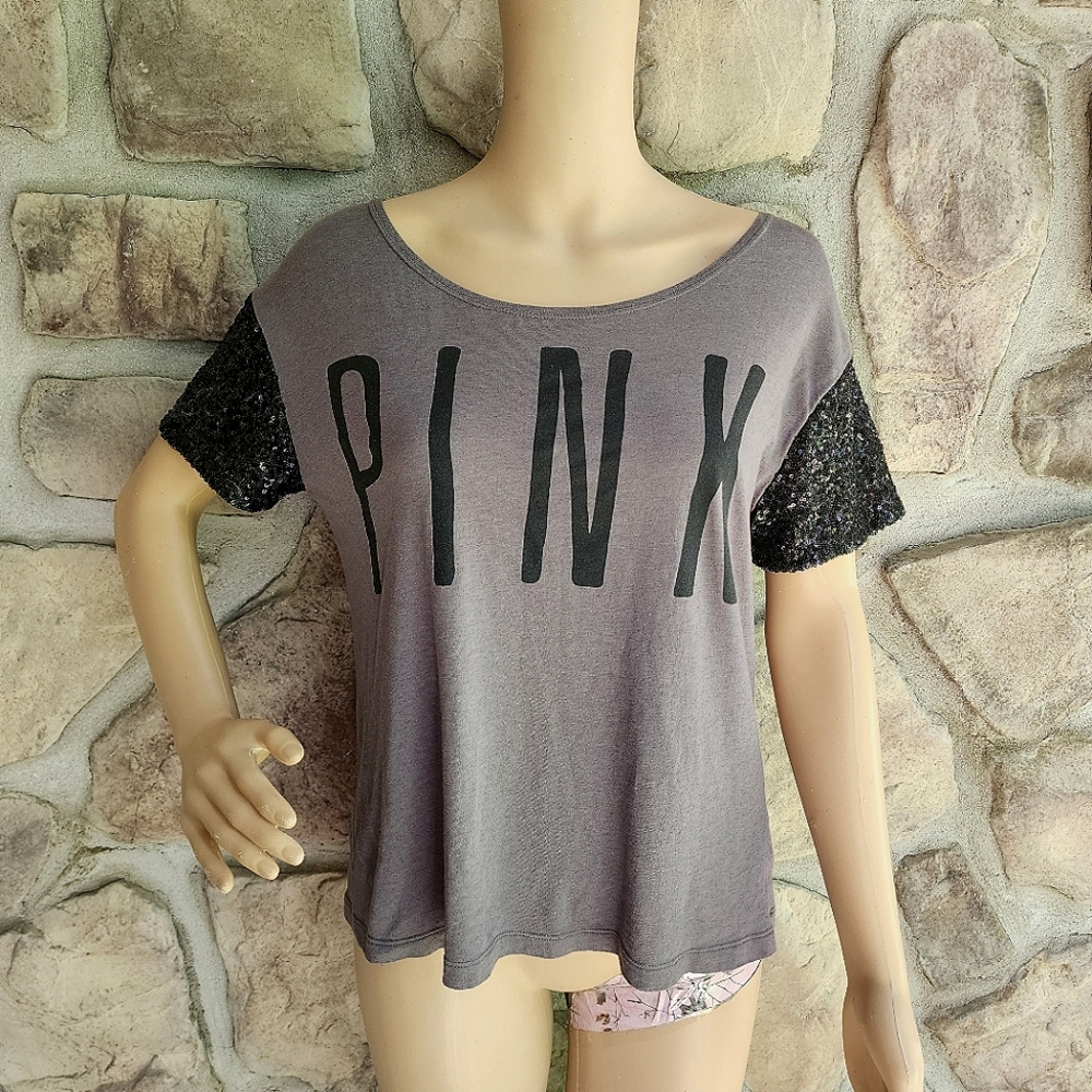 PINK BY VS | GRAY short sleeve Pink Logo T-shirt with sequins